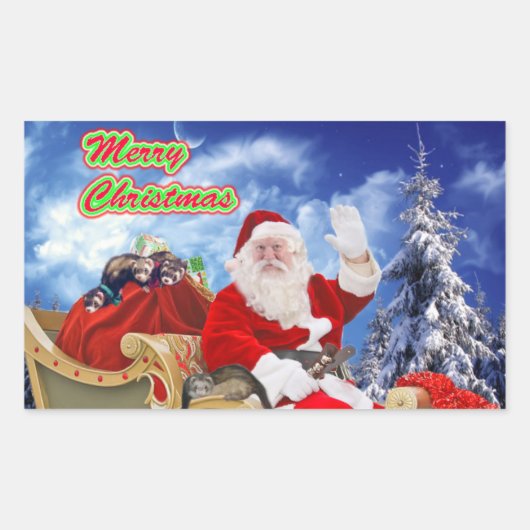 サンタクロースと彼のフェレットホリデーステッカー 長方形シール (正面)