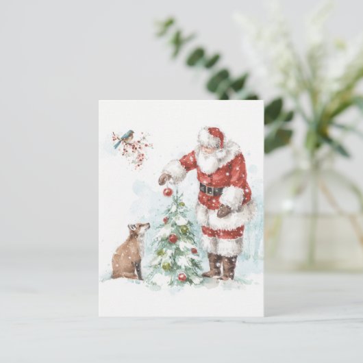 サンタクロースと彼の森の仲間が木を飾る シーズンポストカード (スタンド正面)