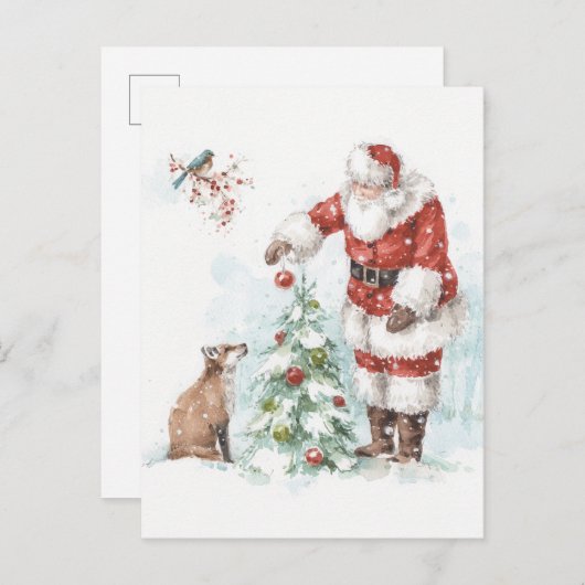 サンタクロースと彼の森の仲間が木を飾る シーズンポストカード (正面/裏面)