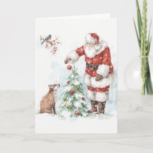 サンタクロースと彼の森の仲間たちがツリーを飾る, Santa Claus Decorating a シーズンカード (正面)