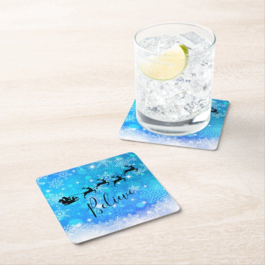 サンタクロースと彼飛んでいるのトナカイ信じ- スクエアペーパーコースター (インサイチュ)