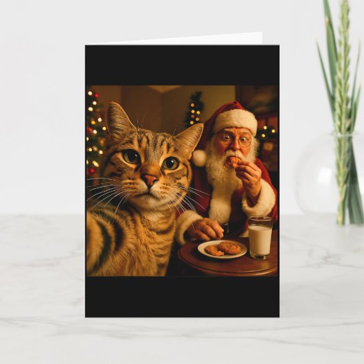 サンタクロースと撮る猫の自撮りクリスマス・ミーム  カード (正面)