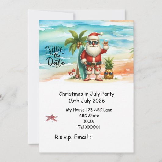 サンタクロースと楽しむ7月のクリスマス Save the date 招待状 (正面)