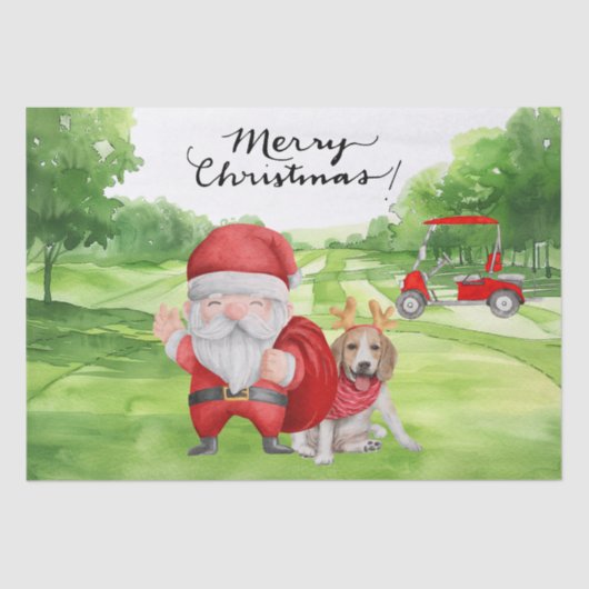 サンタクロースと犬のラッピングとゴルフクリスマス 薄葉紙 (正面)