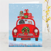 サンタクロースと犬の車での写真 カード (黄色い花)