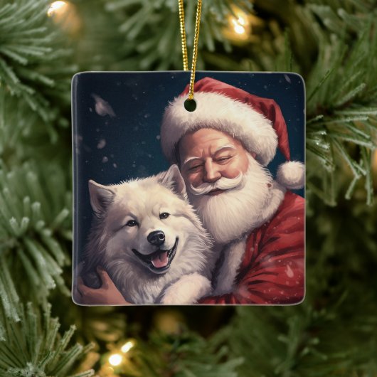 サンタクロースと秋田犬のクリスマス セラミックオーナメント (ツリー)