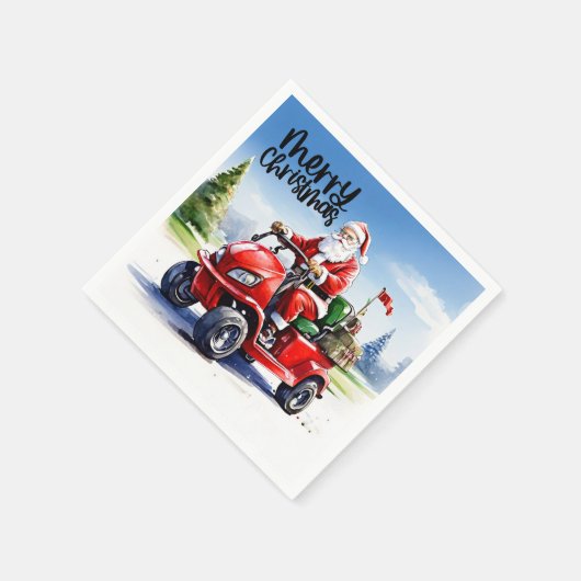 サンタクロースと赤いカートとゴルフメリークリスマス スタンダードカクテルナプキン (角)