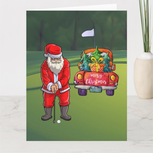 サンタクロースと赤い車の上にゴルフクリスマスツリー カード (正面)