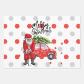 サンタクロースと赤い車の上にゴルフクリスマスツリー ラッピングペーパーシート (正面)