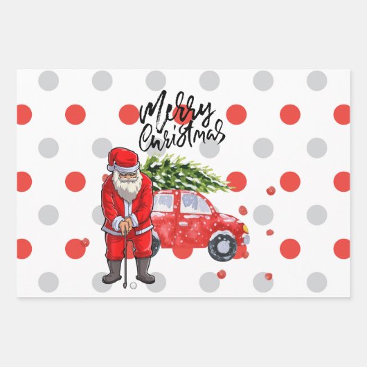 サンタクロースと赤い車の上にゴルフクリスマスツリー ラッピングペーパーシート (正面)