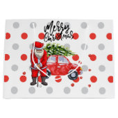 サンタクロースと赤い車の上にゴルフクリスマスツリー ラージペーパーバッグ (正面)