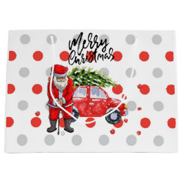 サンタクロースと赤い車の上にゴルフクリスマスツリー ラージペーパーバッグ