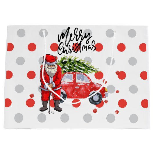 サンタクロースと赤い車の上にゴルフクリスマスツリー ラージペーパーバッグ (正面)