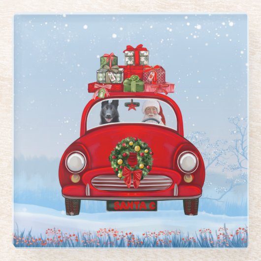 サンタクロースと車で黒いドイツの羊飼い犬 ガラスコースター (正面)