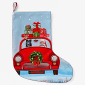 サンタクロースと車で黒いドイツの羊飼い犬 スモールクリスマスストッキング (正面)