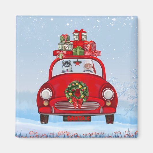 サンタクロースと車に乗ったシベリアのハスキー犬 マグネット (正面)