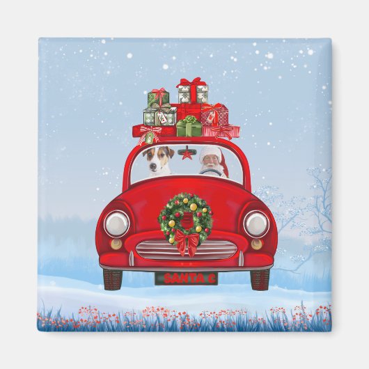 サンタクロースと車に乗ったジャック・ラッセル・ドッグ マグネット (正面)