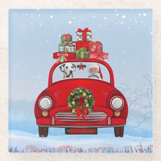 サンタクロースと車に乗ったダルマチア犬 ガラスコースター (正面)