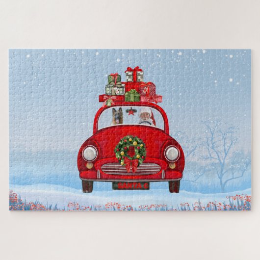 サンタクロースと車に乗ったドイツの羊飼い犬 ジグソーパズル (横)