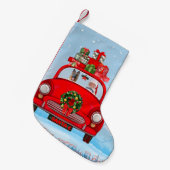 サンタクロースと車に乗ったドイツの羊飼い犬 スモールクリスマスストッキング (正面 (吊り時))
