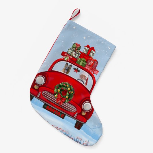 サンタクロースと車に乗ったドイツの羊飼い犬 スモールクリスマスストッキング (正面 (吊り時))