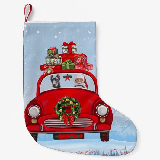 サンタクロースと車に乗ったドバーマンドッグ スモールクリスマスストッキング (正面)