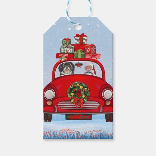 サンタクロースと車に乗ったハバニーズの犬 ギフトタグ (正面)