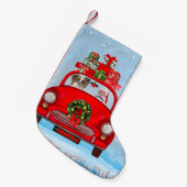 サンタクロースと車に乗ったパピロン犬 スモールクリスマスストッキング (正面 (吊り時))