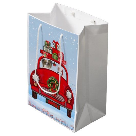 サンタクロースと車に乗ったパピロン犬 ミディアムペーパーバッグ (正面アングル)