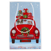 サンタクロースと車に乗ったパピロン犬 ミディアムペーパーバッグ (正面)