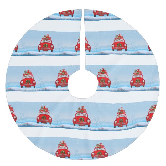 サンタクロースと車に乗ったビーグル犬 ブラッシュドポリエステルツリースカート (正面)