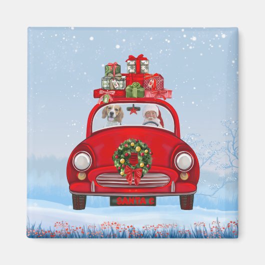 サンタクロースと車に乗ったビーグル犬 マグネット (正面)