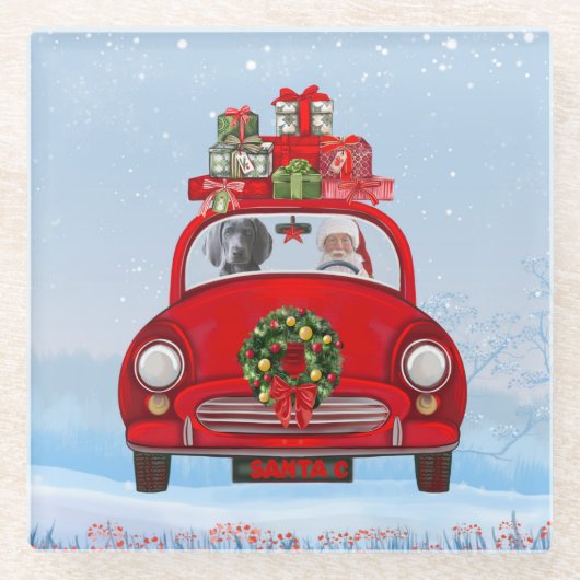 サンタクロースと車に乗ったワイマランアドッグ ガラスコースター (正面)