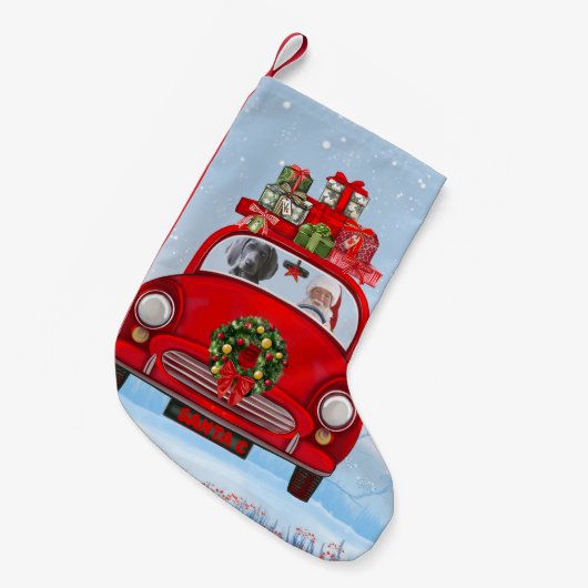 サンタクロースと車に乗ったワイマランアドッグ スモールクリスマスストッキング (正面 (吊り時))