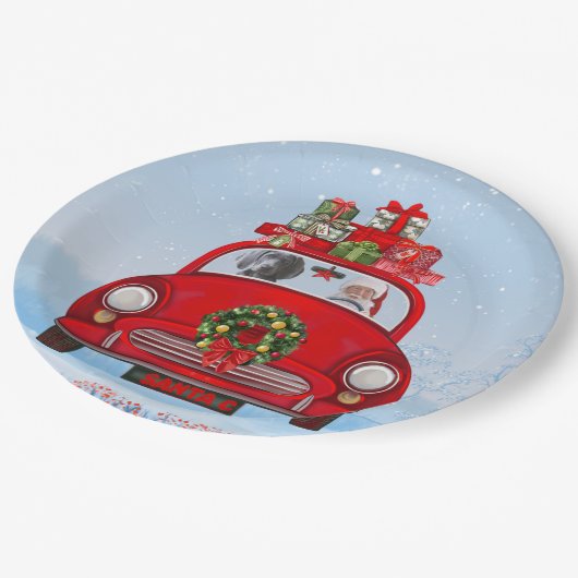 サンタクロースと車に乗ったワイマランアドッグ ペーパープレート (アングル)