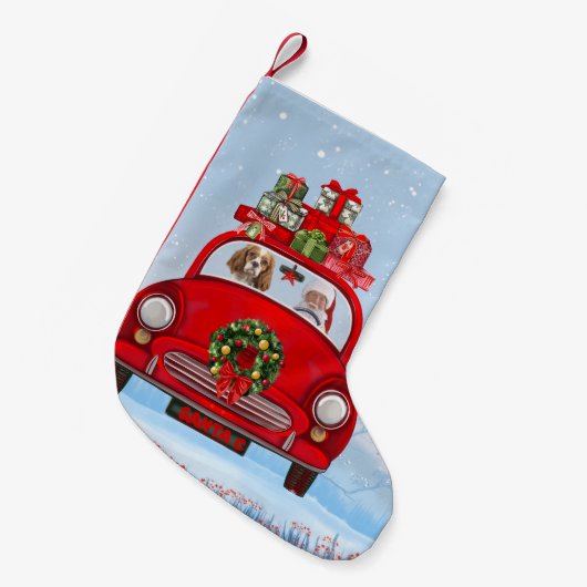 サンタクロースと車に乗った騎馬王の犬 スモールクリスマスストッキング (正面 (吊り時))