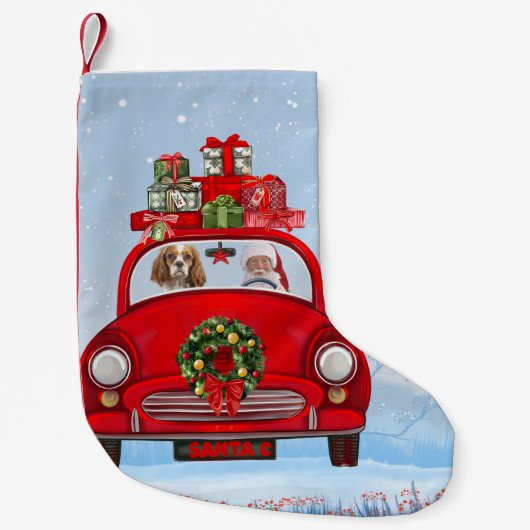 サンタクロースと車に乗った騎馬王の犬 スモールクリスマスストッキング (正面)