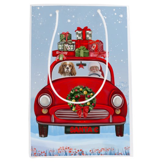 サンタクロースと車に乗った騎馬王の犬 ミディアムペーパーバッグ (正面)