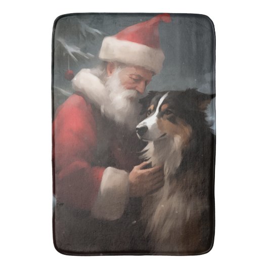 サンタクロースと過ごすボーダーコリーのクリスマス バスマット (正面縦)
