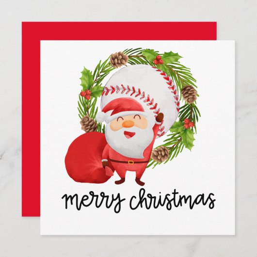 サンタクロースと野球のフラットホリデーカード シーズンカード (正面/裏面)