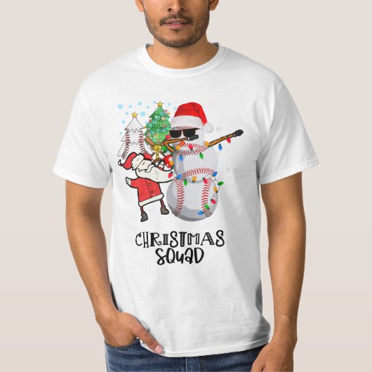 サンタクロースと野球クリスマススクワッド雪だるま Tシャツ (正面)