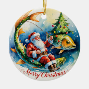 サンタクロースと釣りクリスマス セラミックオーナメント