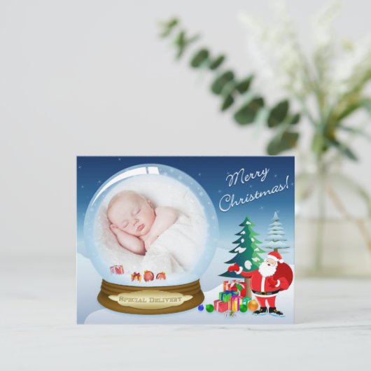 サンタクロースと雪の世界のクリスマスフォトカード シーズンカード (スタンド正面)