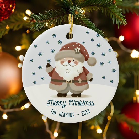 サンタクロースと雪の結晶のイラスト入りクリスマス セラミックオーナメント