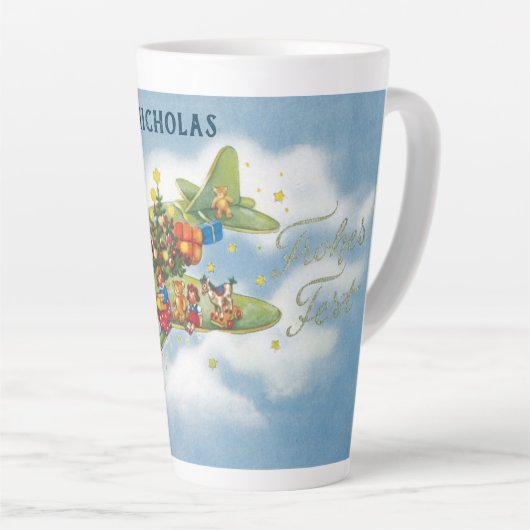 サンタクロースと飛行機のヴィンテージ飛んでいるクリスマス カフェラテマグ (右アングル)