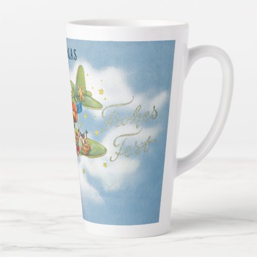 サンタクロースと飛行機のヴィンテージ飛んでいるクリスマス カフェラテマグ (右)