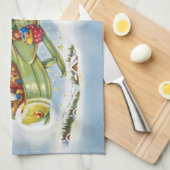 サンタクロースと飛行機のヴィンテージ飛んでいるクリスマス キッチンタオル (四つ折り)