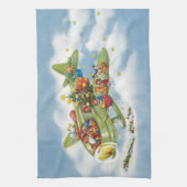 サンタクロースと飛行機のヴィンテージ飛んでいるクリスマス キッチンタオル (縦)