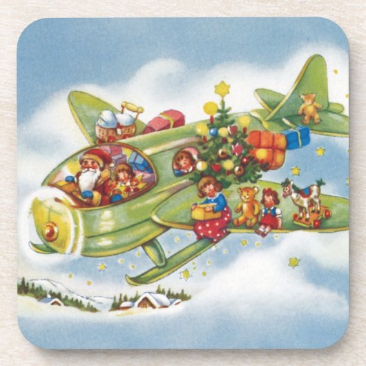 サンタクロースと飛行機のヴィンテージ飛んでいるクリスマス コースター (正面)