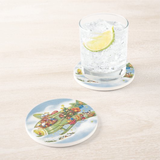 サンタクロースと飛行機のヴィンテージ飛んでいるクリスマス コースター (側面)